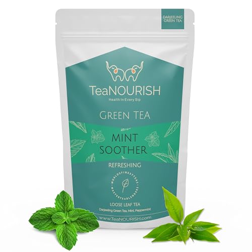 TeaNOURISH Mint Soother Grüner Tee | Darjeeling lose Blätter | Gemischt mit frischer Minze und Pfefferminzblättern | Erfrischender und beruhigender Tee | 50 Tassen heißer oder Eistee – 100 g von TEANOURISH