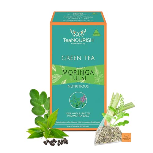 TeaNOURISH Moringa Tulsi Grüner Tee | 20 Pyramiden-Teebeutel | Darjeeling ganzes Blatt | 100% natürliche Moringa- und Tulsiblätter | Tee zur Unterstützung des Immunsystems von TEANOURISH