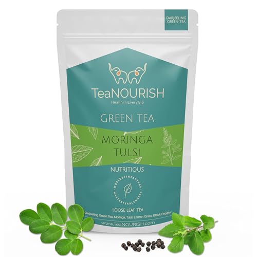 TeaNOURISH Moringa Tulsi Grüner Tee | Darjeeling loser Blatttee | 100% natürliche Moringa- und Tulsiblätter | Tee zur Unterstützung des Immunsystems – 100 g von TEANOURISH