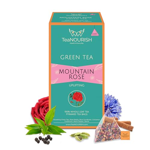 TeaNOURISH Mountain Rose Grüntee | 20 Pyramiden-Teebeutel | Ganzblatttee | Gemischt mit Rosenblättern, blauer Kornblume und Zimt | 100% NATÜRLICHE ZUTATEN von TEANOURISH