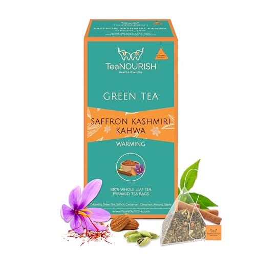 TeaNOURISH Saffron Kashmiri Kahwa | 20 Count Pyramid Tea Bags | Whole Leaf Green Tea | Saffron, Cardamom, Cinnamon, Almond | Warming & Soothing | Improves Digestion, Boosts Immunity von TEANOURISH
