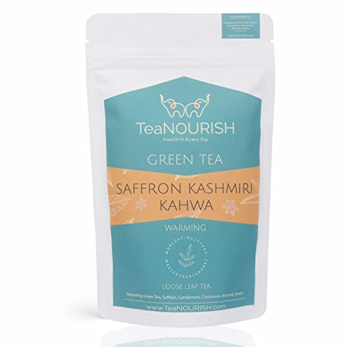 TeaNOURISH Saffron Kashmiri Kahwa | Loose Leaf Green Tea | Saffron, Cardamom, Cinnamon, Almond | Warming & Soothing Tea | Improves Digestion, Boosts Immunity | 100% NATURAL - 100g von TEANOURISH
