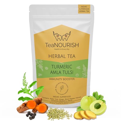TeaNOURISH Turmeric Amla Tulsi Herbal Tea | CAFFEINE-FREE | Blended with Ginger, Blueberry, Cinnamon & Stevia | Improves Hair Growth, Supports Immunity - 100g von TEANOURISH