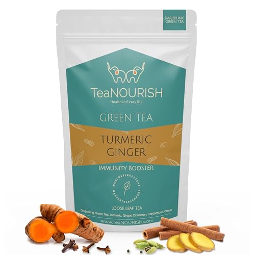 TeaNOURISH Turmeric Ginger Green Tea | Darjeeling Loose Leaf Tea | Blended with Indian Turmeric, Ginger & Cinnamon | 100% NATURAL INGREDIENTS | Brew Hot or Iced Tea - 100g von TEANOURISH
