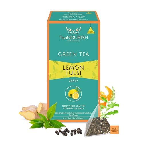 TeaNOURISH Zitronen-Tulsi-Grüntee | 20 Pyramiden-Teebeutel | Darjeeling ganzes Blatt | Stressabbau-Tee | Tee zur Unterstützung des Immunsystems | 100% natürliche Infusion von TEANOURISH