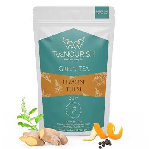 TeaNOURISH Zitronen-Tulsi-Grüntee | Darjeeling Loseblatt | Stressabbau-Tee | Tee zur Unterstützung des Immunsystems | Brühen Sie 50 Tassen heißen oder Eistee auf – 100 g von TEANOURISH