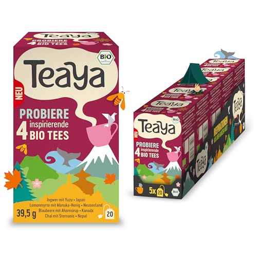 Teaya – Probierbox - Bio Mixpack - 4 exklusiven Biotee Sorten - Japan, Neuseeland, Kanada & Nepal - Vegan & Glutenfrei - Kräuter- & Früchtetees (5 x 20 Filterbeutel) von TEAYA