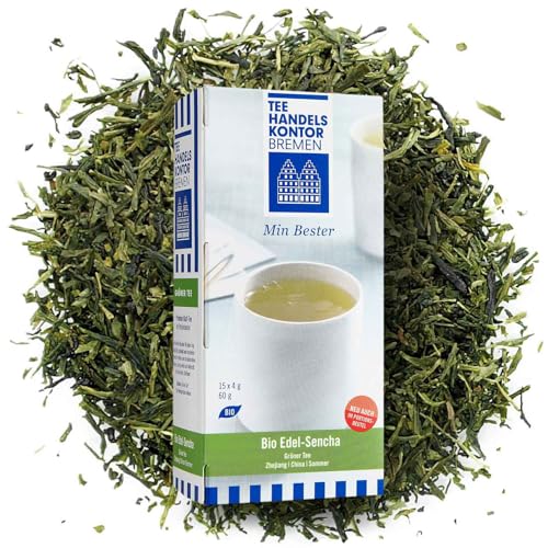Bio Grüner Sencha Tee mit bittersüßem Geschmack - 15 x 4 g Teebeutel - Min Bester Bio Edel-Sencha - Tee in Spitzenqualität - 60 g Tee - TEE HANDELSKONTOR BREMEN von TEE HANDELSKONTOR BREMEN