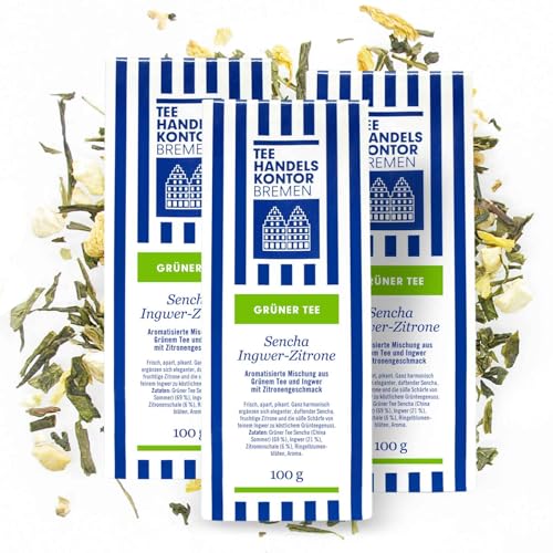 Hochwertiger Aromatisierter Ingwer-Zitronen Sencha Tee in Spitzenqualität | Duftende, fruchtige Zitrone & Süßer, scharfer Ingwertee | Loser Tee | TEE HANDELSKONTOR BREMEN (3 Packungen, 300, gramm) von TEE HANDELSKONTOR BREMEN