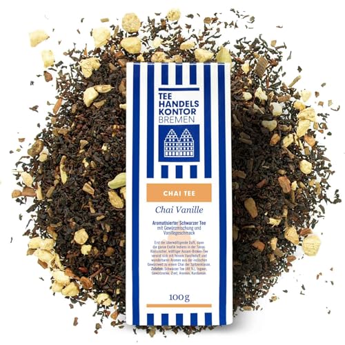 Hochwertiger Chai Vanille Tee lose | Aromatisierter Schwarzer Tee mit Gewürzmischung und Vanillegeschmack |Spitzenqualität aus besten Teegärten | TEE HANDELSKONTOR BREMEN (1 Packung, 100, gramm) von TEE HANDELSKONTOR BREMEN
