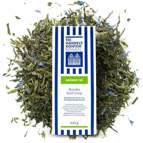 Hochwertiger Sencha Earl Grey Tee grün lose | Aromatisierter Grüner Tee mit Bergamottegeschmack | Ein echter Genuss | TEE HANDELSKONTOR BREMEN (1 Packung, 100, gramm) von TEE HANDELSKONTOR BREMEN