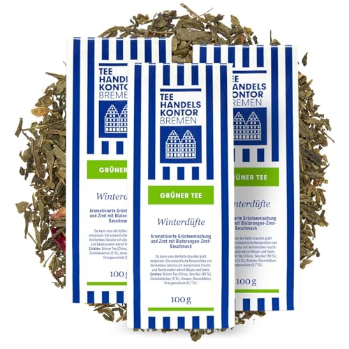 Hochwertiger Wintertee "Winterdüfte" lose | Aromatisierte Grünteemischung und Zimt mit Blutorangen-Zimt-Geschmack | Tee in Spitzenqualität | TEE HANDELSKONTOR BREMEN (3 Packungen, 300, gramm) von TEE HANDELSKONTOR BREMEN