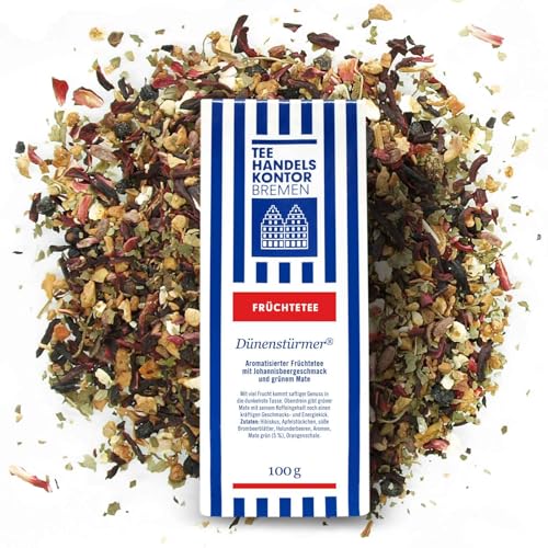 Hochwertiger loser Johannisbeertee Dünenstürmer | Aromatisierter Früchtetee mit Johannisbeergeschmack und grünem Mate | Tee lose | TEE HANDELSKONTOR BREMEN (1 Packung, 100, gramm) von TEE HANDELSKONTOR BREMEN