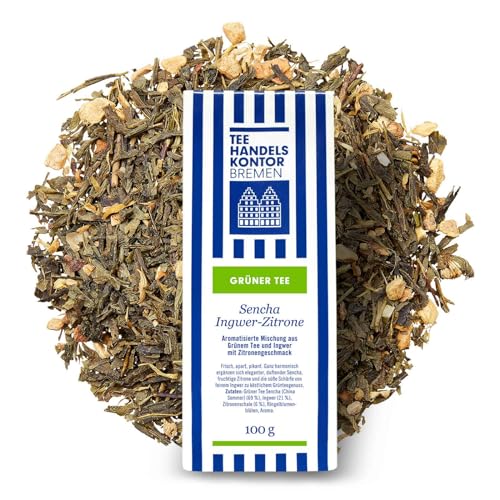 Hochwertiger Aromatisierter Ingwer-Zitronen Sencha Tee in Spitzenqualität | Duftende, fruchtige Zitrone & Süßer, scharfer Ingwertee | Loser Tee | TEE HANDELSKONTOR BREMEN (1 Packung, 100, gramm) von TEE HANDELSKONTOR BREMEN