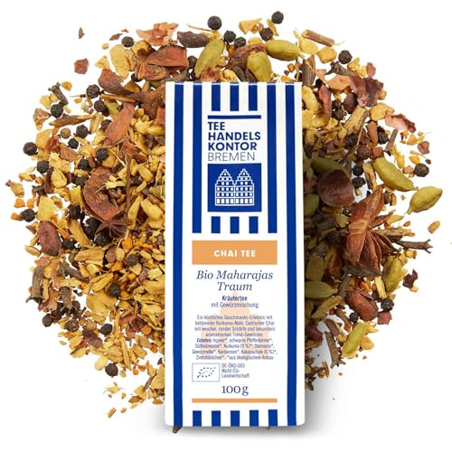Loser Bio Chai Kräutertee mit weicher, runder Schärfe in Spitzenqualität | Bio Maharajas Traum | Kräutertee mit Gewürzmischung lose | Loser Tee | TEE HANDELSKONTOR BREMEN (1 Packung, 100, gramm) von TEE HANDELSKONTOR BREMEN