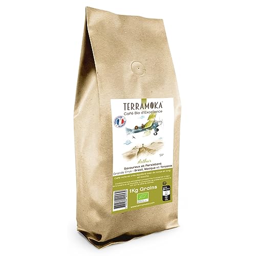 TERRAMOKA - 1 Kg Exzellenter Bio-Bohnenkaffee - 80% Reine Arabica (Mexiko, Brasilien) & 20% Robusta aus Tansania - Wohlschmeckend und anhaltend - 100% Recyclebar - Arthur - In Frankreich geröstet von TERRAMOKA