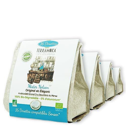 TERRAMOKA - Entkoffeinierter Bio-Kaffee der Spitzenklasse - 100% reiner Arabica aus Peru - Originell und elegant - 80 Senseo Zero Waste Pads (5 * 16) - Home Compost - Mister Nelson - in Frankreich von TERRAMOKA