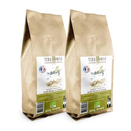 TERRAMOKA - Exzellenter Bio-Bohnenkaffee - 80% Reine Arabica (Mexiko,Brasilien) & 20% Robusta aus Tansania - Wohlschmeckend und anhaltend - 1Kg (2 * 500g) - 100% Recycelbar - Arthur - In Frankreich von TERRAMOKA