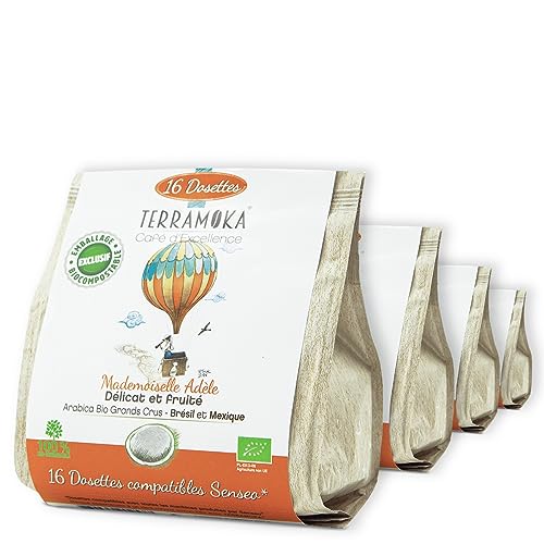 TERRAMOKA - Exzellenter Bio-Kaffee - 100% reiner Arabica aus Brasilien und Mexiko - Delikat, fein und fruchtig - 80 Senseo Zero Waste Pads (5 * 16) - Home Compost - Mademoiselle Adèle - In Frankreich von TERRAMOKA