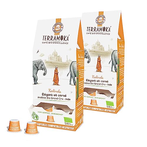 TERRAMOKA - Exzellenter Bio-Kaffee - 100% reiner Arabica aus Indien von Bourbon - Säurearm, vollmundig und mit Pfeffernoten - 120 Nespresso Kapseln Kompatibel Zero Waste - Miss Kalinda - Frankreich von TERRAMOKA