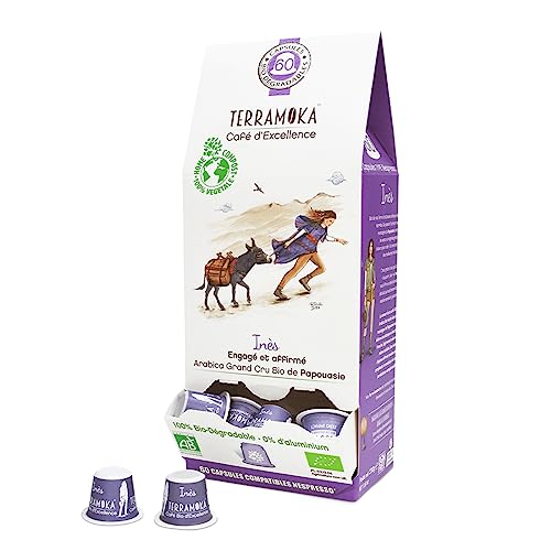 TERRAMOKA - Exzellenter Bio-Kaffee - 100% reiner Arabica aus Papua - säuerlich, würzig und bekräftigend - 60 Nespresso Kapseln Kompatibel Zero Waste - Inès - Frankreich von TERRAMOKA
