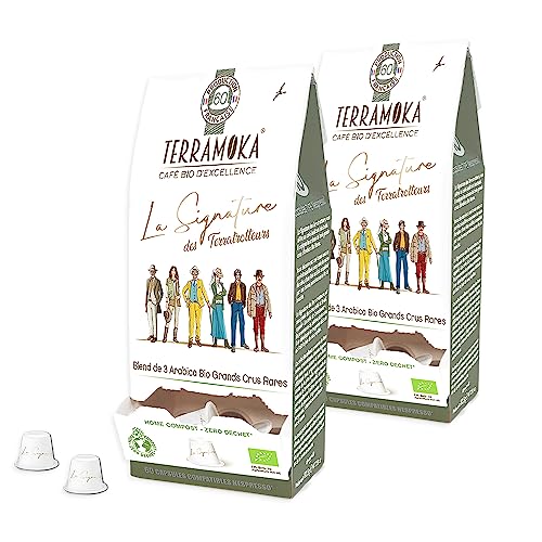TERRAMOKA Exzellenter Bio-Kaffee - 3 Arabica-Sorten: Indien, Äthiopien und Brasilien - Intensiv, blumig- 120 Nespresso Kapseln Kompatibel Zero Waste - Die Signatur der Terratrotteurs – Frankreich von TERRAMOKA