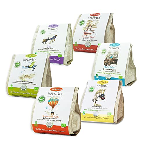 TERRAMOKA 96 Pads (6 * 16) Bio d'excellence Mix 6 Sorten Grand Cru Kaffee - Kompatibel mit Senseo Pads - Probierpaket - 100% biologisch abbaubar - In Frankreich geröstet von TERRAMOKA