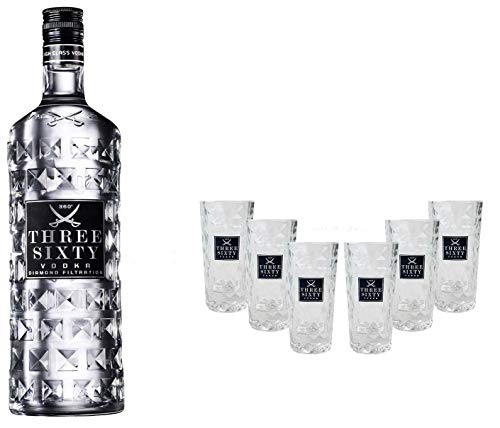 Three Sixty Set Geschenkset ? Three Sixty Vodka Wodka 700ml (37,5% Vol) + 6x Shotgläser Glas 2 und 4cl geeicht- [Enthält Sulfite] von THREE SIXTY