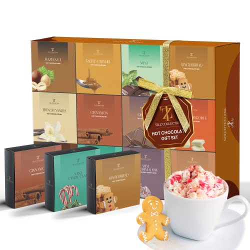 Heiße Schokolade Geschenkset Kakao Geschenkset Mini Trinkschokolade Verschiedene Geschmacksrichtungen Inklusive Gerösteter Marshmallow Haselnüsse Lebkuchen (9 Stück) von TILZ COLLECTION