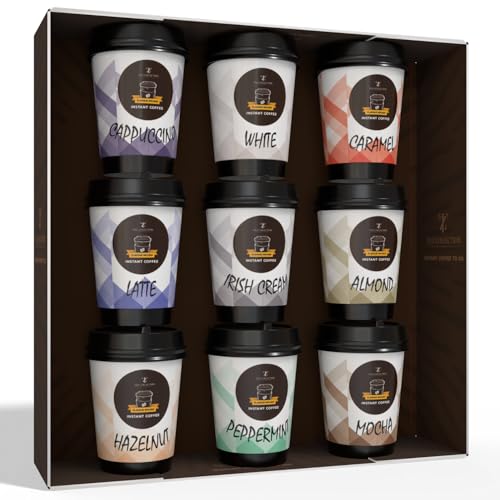TILZ COLLECTION Kaffee-Geschenkset – Instant-Kaffeekorb, Kaffeegeschenke für Männer, Kaffeebecher in 9 Geschmacksrichtungen, Reisebecher, Geschenke für Männer, Instant-Kaffee-Geschenkset für Frauen von TILZ COLLECTION