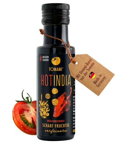 Tomami Hot India Würzsauce 90ml - Fruchtig Scharf - Indische Gewürze & Umami-Geschmack - Für Suppen & Currys - Vegan, Glutenfrei, Sojafrei Tomami Hot India Würzsauce 90ml - Fruchtig Scharf - Indische Gewürze & Umami-Geschmack - Für Suppen & Currys - Vegan, Glutenfrei, Sojafrei von TOMAMI