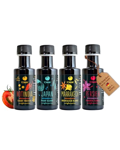 Tomami Würzsauce Geschenkbox Weltreise - 4x 45ml - Kulinarisch Würzig - Erlesene Gewürze & Umami-Geschmack - Orientalische & Asiatische Speisen - Perfektes Ostergeschenk von TOMAMI