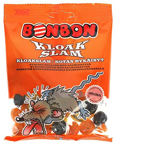 Toms BonBon Kloak Slam Süßigkeitenbeutel, Süßholz, Salmiak (Salmiakki), Karamell, hart, Dänemark, 125 g von TOMS