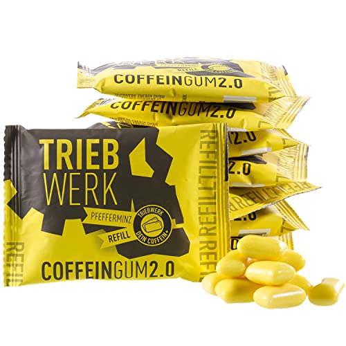 TRIEBWERK Koffein Kaugummi, 50mg Koffein pro Gum, Pfefferminz-Geschmack, 100 Stück, Vitamin B12 (10x Refill) von TRIEBWERK