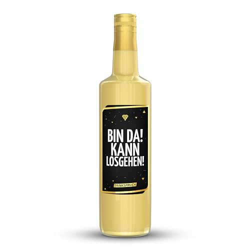 TRINKSPRUCH - Bio Eierlikör mit Spruch: "Bin da! Kann losgehen!", 0,7L cremiger Likör mit 14% vol, Ein besonderes Alkohol Geschenk von TRINKSPRUCH