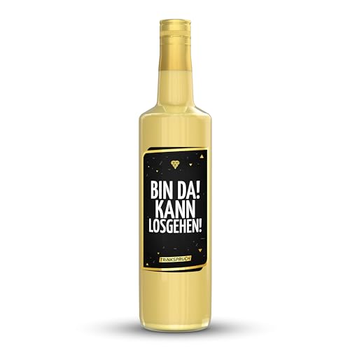 TRINKSPRUCH - Bio Eierlikör mit Spruch: "Bin da! Kann losgehen!", 0,7L cremiger Likör mit 14% vol, Ein besonderes Alkohol Geschenk von TRINKSPRUCH