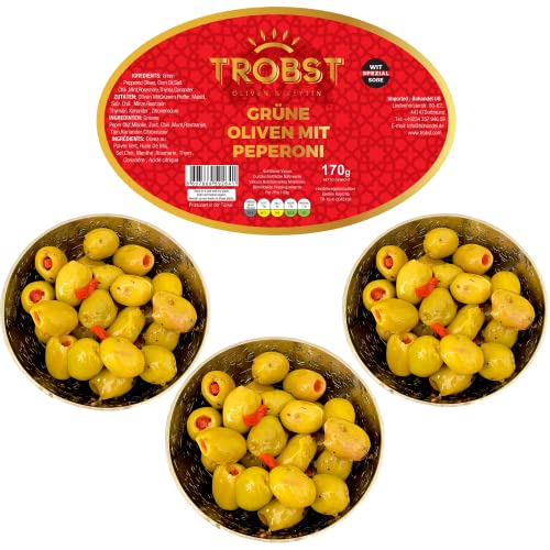 TROBST 3 Pack Grüne Oliven Peperoni Ohne Stein, echte Grün Tafelolive, Natürlich Gereift und Fermentiert, Aromatisch (3x170 Gr) von TROBST