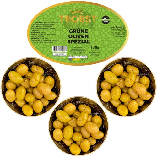 TROBST 3 Pack Grüne Oliven Spezial mit Stein, echte Grün Tafelolive, Natürlich Gereift und Fermentiert, Aromatisch (3x170 Gr) von TROBST