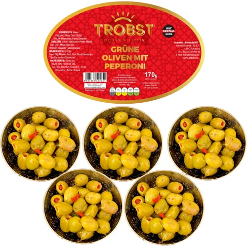 TROBST 5 Pack Grüne Oliven Peperoni Ohne Stein, echte Grün Tafelolive, Natürlich Gereift und Fermentiert, Aromatisch (5x170 Gr) von TROBST
