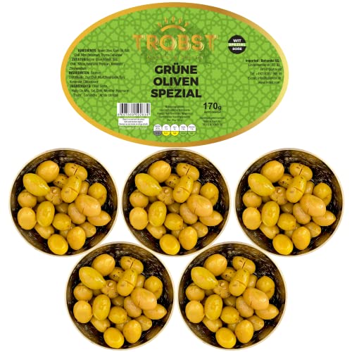 TROBST 5 Pack Grüne Oliven Spezial mit Stein, echte Grün Tafelolive, Natürlich Gereift und Fermentiert, Aromatisch (5x170 Gr) von TROBST