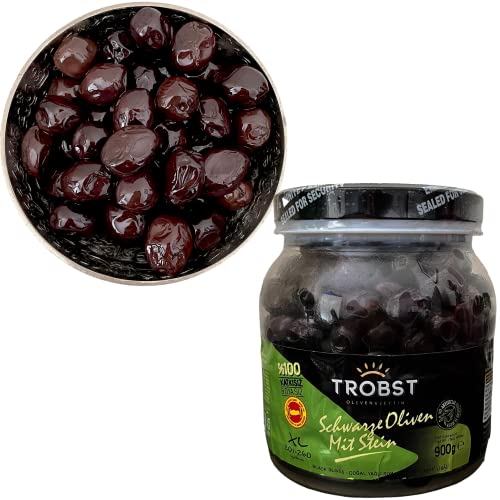 TROBST Schwarze Oliven 900 Gr Jumbo mit Stein, Gemlik Olive, eingelegt in Salzlake, echte Tafelolive, Natürlich Gereift und Fermentiert, Aromatisch von TROBST