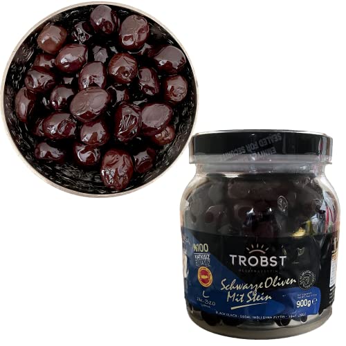 TROBST Schwarze Oliven 900 Gr Large mit Stein, Gemlik Olive, eingelegt in Salzlake, echte Tafelolive, Natürlich Gereift und Fermentiert, Aromatisch von TROBST