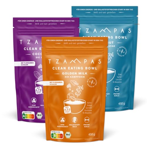 TZAMPAS Clean Eating Bowl - Alle Sorten mit Mix: Cocoa Berry, Tigernut, Golden Milk; Mit Flohsamenschalen; Zuckerarm, ballaststoffreich, Proteinquelle; bio und vegan 3 x 450g TZAMPAS Clean Eating Bowl - Alle Sorten mit Mix: Cocoa Berry, Tigernut, Golden Milk; Mit Flohsamenschalen; Zuckerarm, ballaststoffreich, Proteinquelle; bio und vegan 3 x 450g von TZAMPAS