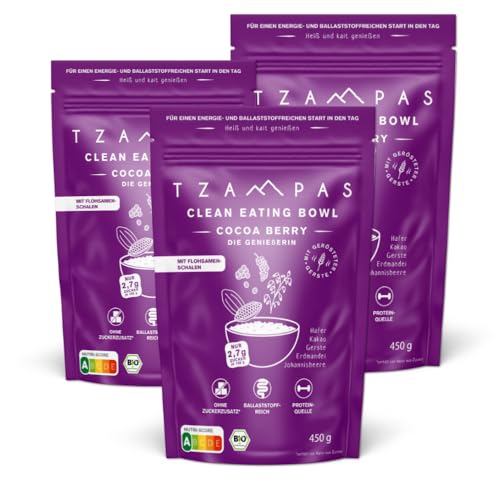 TZAMPAS Clean Eating Bowl "Cocoa Berry - Die Genießerin" mit Flohsamenschalen, Erdmandel, Kakao und gerösteter Gerste, zuckerarm, ballaststoffreich, Proteinquelle, bio und vegan 3 Stück à 450g von TZAMPAS