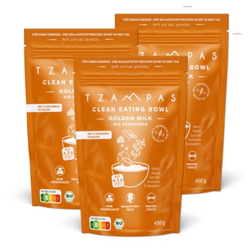 TZAMPAS Clean Eating Bowl Golden Milk - Die Kämpferin; Mit Flohsamenschalen, Erdmandel, Kurkuma und gerösteter Gerste; Zuckerarm, ballaststoffreich, Proteinquelle; bio und vegan 3 x 450g von TZAMPAS