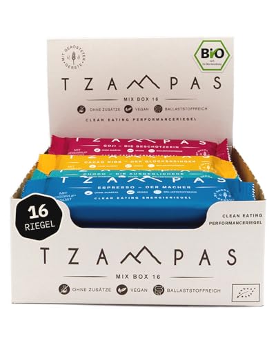 Energieriegel BIO von TZAMPAS® - 16x40g Riegel - 4 Sorten nachhaltige Sportriegel mit Superfoods für langfristige Energie - Vegan/Ohne Zusatz von raffiniertem Zucker von TZAMPAS