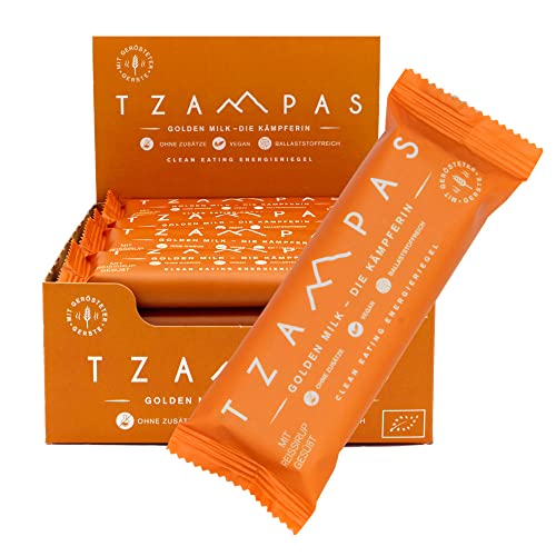 TZAMPAS Clean Eating Energieriegel Golden Milk - Die Kämpferin (16 x 40g). Mit Kokos und Kurkuma. Bio, Vegan, ohne Zusatzstoffe. von TZAMPAS