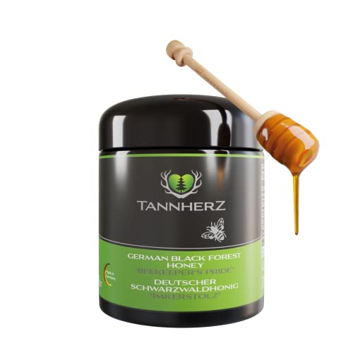 TANNHERZ – Deutscher Schwarzwaldhonig IMKERSTOLZ – dunkler Premium Schwarzwaldhonig im UV-Glas inkl. Honiglöffel aus Holz – 100% unbehandelt & naturbelassen – HMF-zertifizierter Bienenhonig (350g) von Tannherz