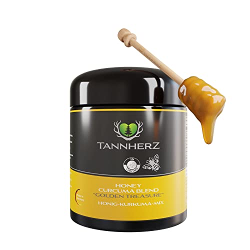 TANNHERZ – Honig Kurkuma Mix “Golden Treasure” aus dem Schwarzwald – Premium Schwarzwaldhonig mit gemahlenem Kurkuma im UV-Glas inkl. Honiglöffel aus Holz – nachhaltiger Schwarzwaldhonig (350g) von Tannherz