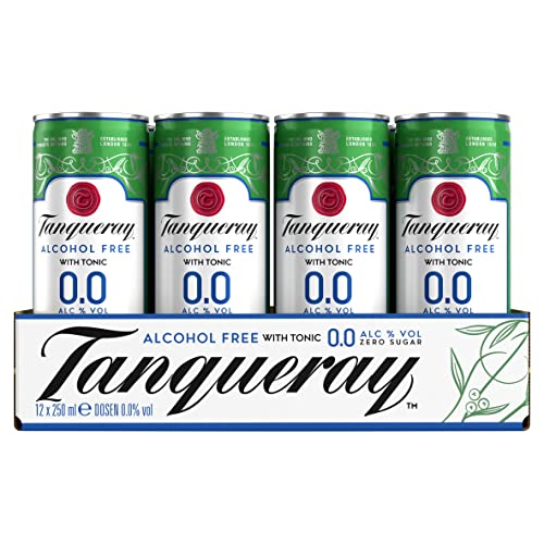 Tanqueray 0.0% & Tonic, Erfrischendes alkoholfreies Mixgetränk mit Zitrusnoten, 12 Dosen x 250 ml (EINWEG Verpackung), Trinkfertiges, zuckerfreies & kalorienfreies Getränk für gesellige Anlässe von Tanqueray